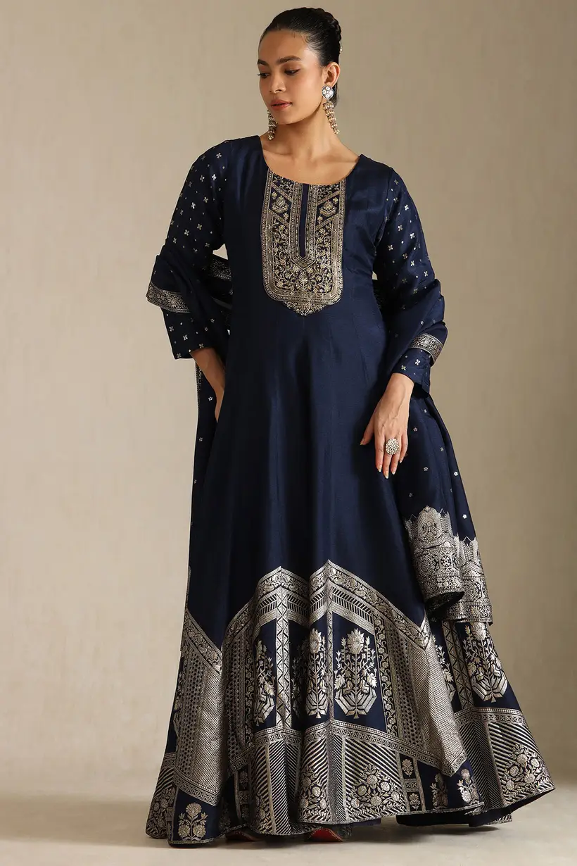 Navy Blue Brocade Woven Design Gown With Cutdana